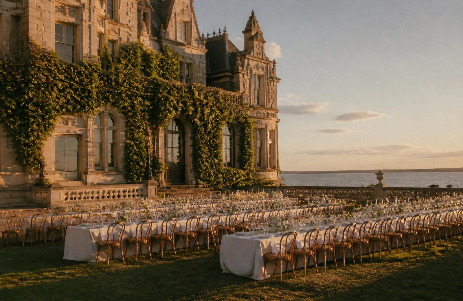 Grand ivy-covered Newport mansion with wedding reception tables on the lawn at golden hour.