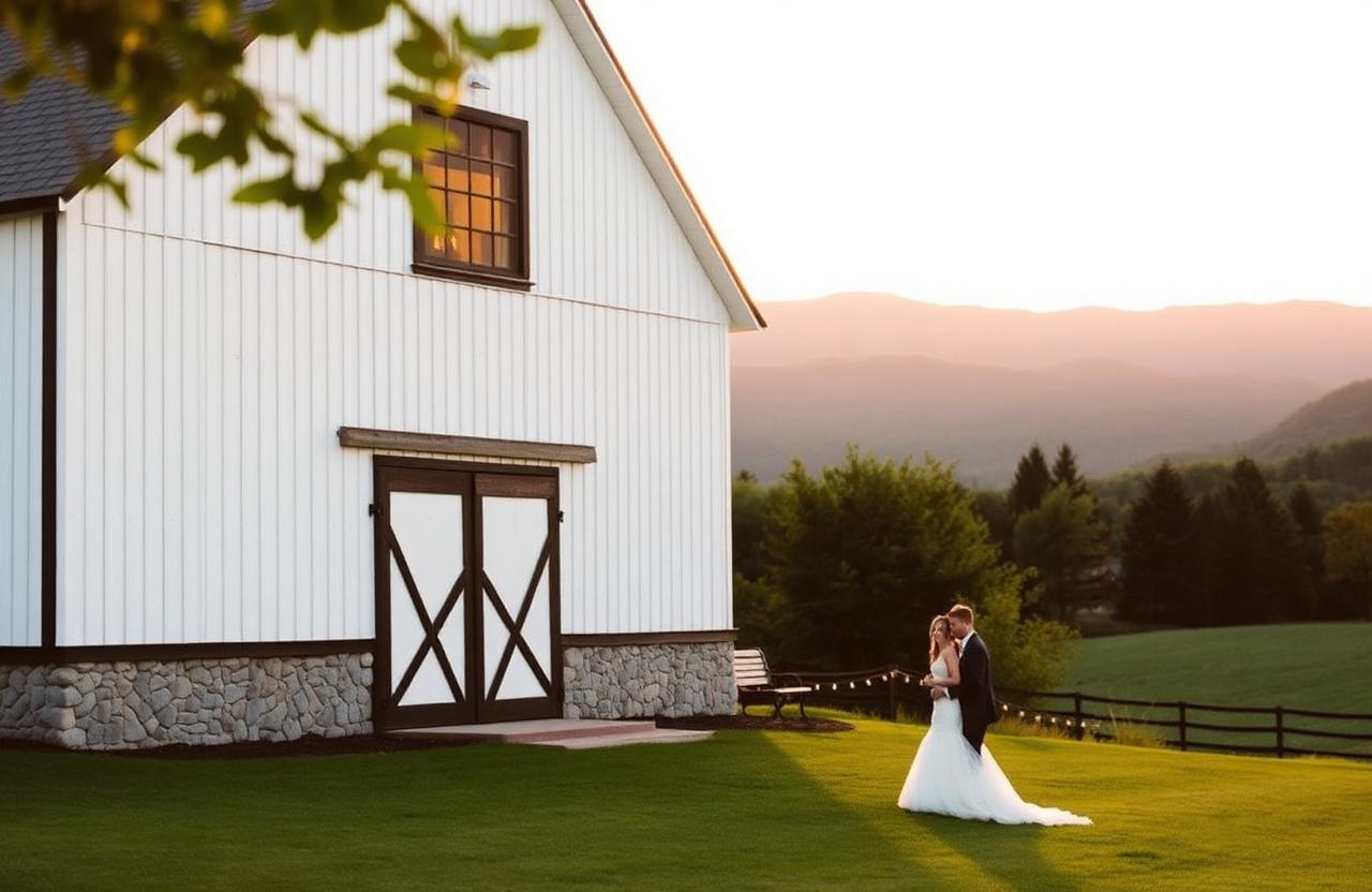 Bride and groom outside a white Vermont barn with the Green Mountains behind at golden hour.